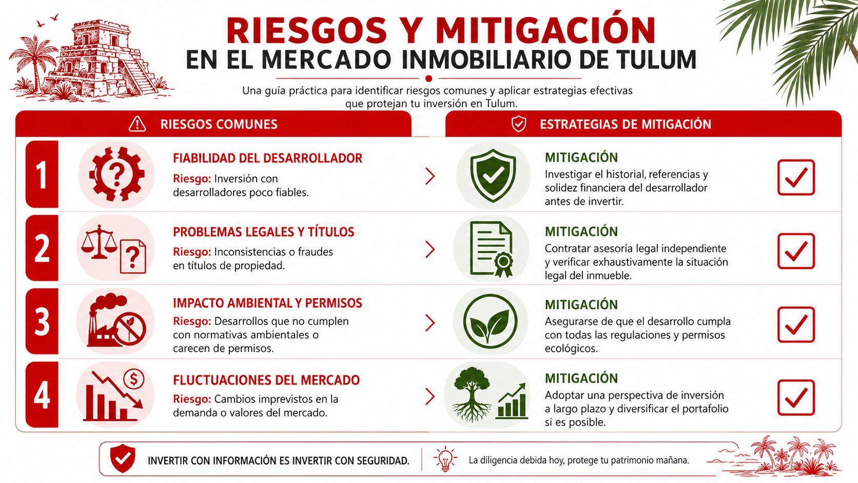 Infografía sobre riesgos comunes y estrategias de mitigación para inversiones inmobiliarias en la zona de Tulum.