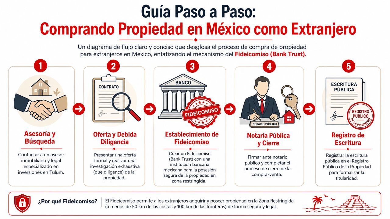 Infografía paso a paso para que extranjeros compren propiedades en México utilizando el mecanismo de Fideicomiso.