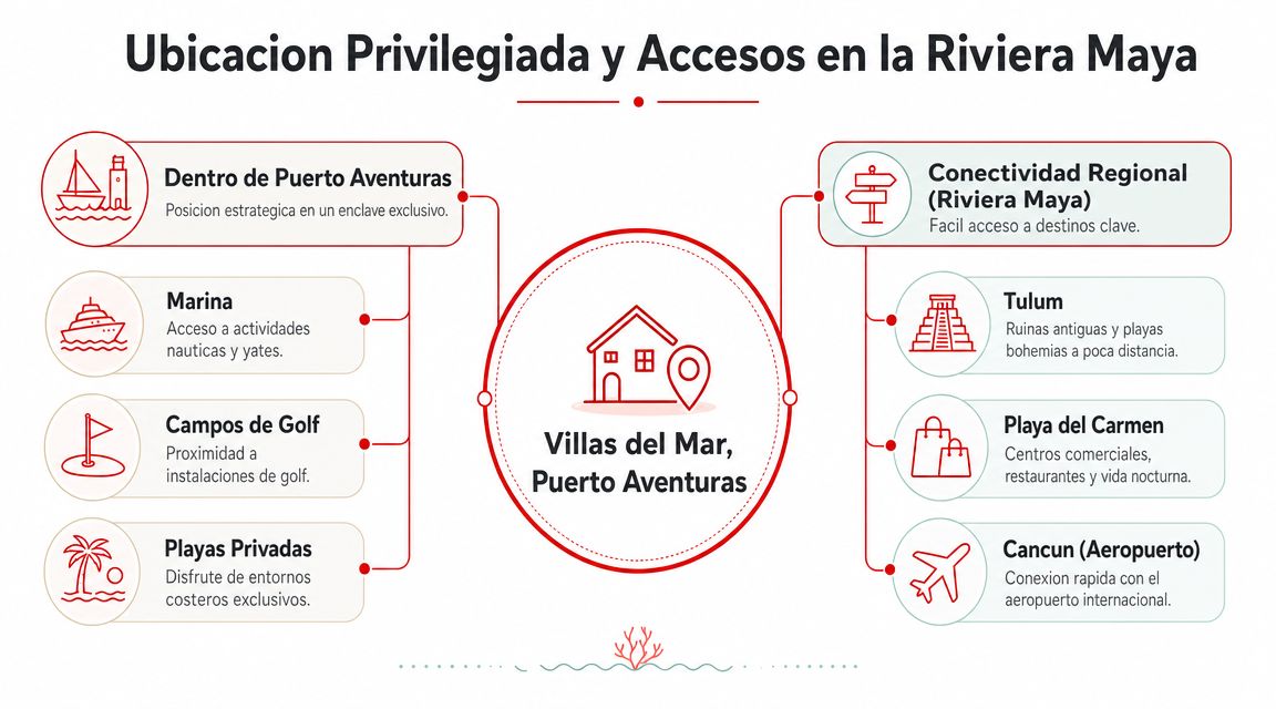 Mapa informativo sobre la ubicación privilegiada y accesos de Villas del Mar en Puerto Aventuras.