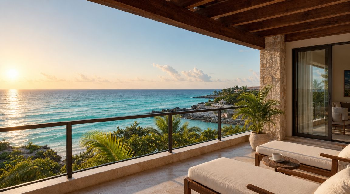 Una lujosa terraza con vista al mar Caribe al atardecer en Villas del Mar, Puerto Aventuras.