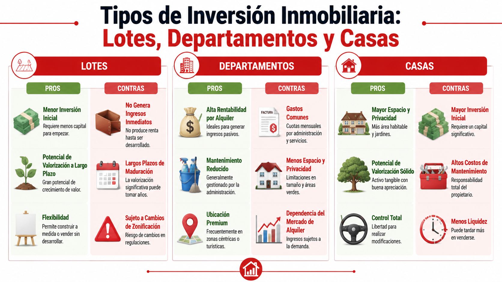 Infografía comparativa sobre los pros y contras de invertir en lotes, departamentos y casas.