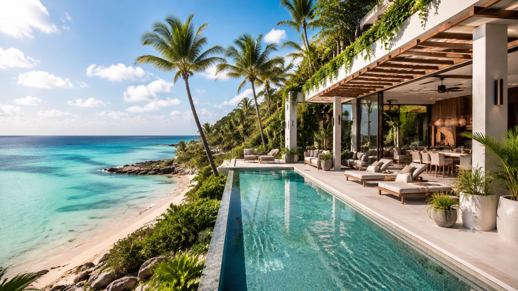 Lujosa villa frente al mar con piscina infinita rodeada de palmeras en una costa paradisiaca tropical.