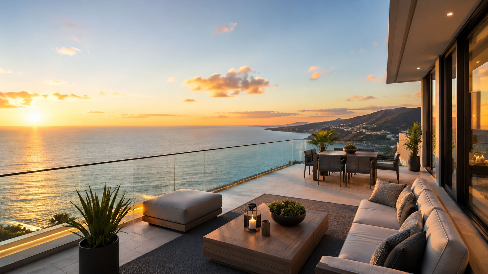 Una lujosa terraza con muebles modernos y vista panorámica al atardecer sobre el océano desde un departamento.