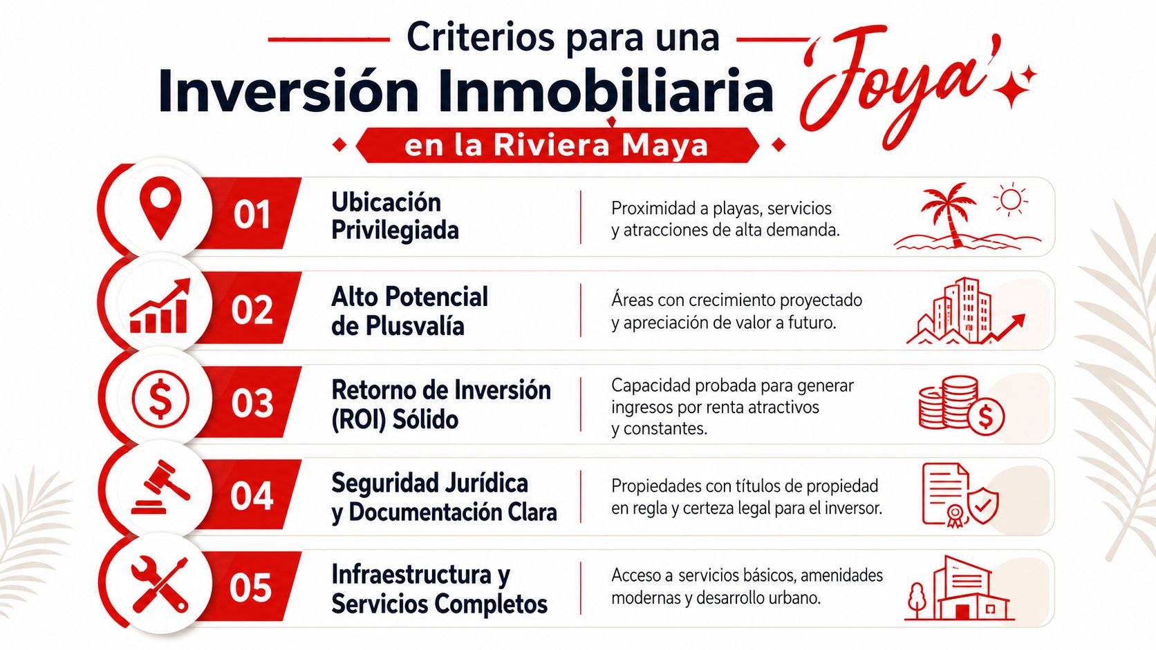 Infografía sobre los criterios clave para realizar una inversión inmobiliaria exitosa en la zona de Riviera Maya.