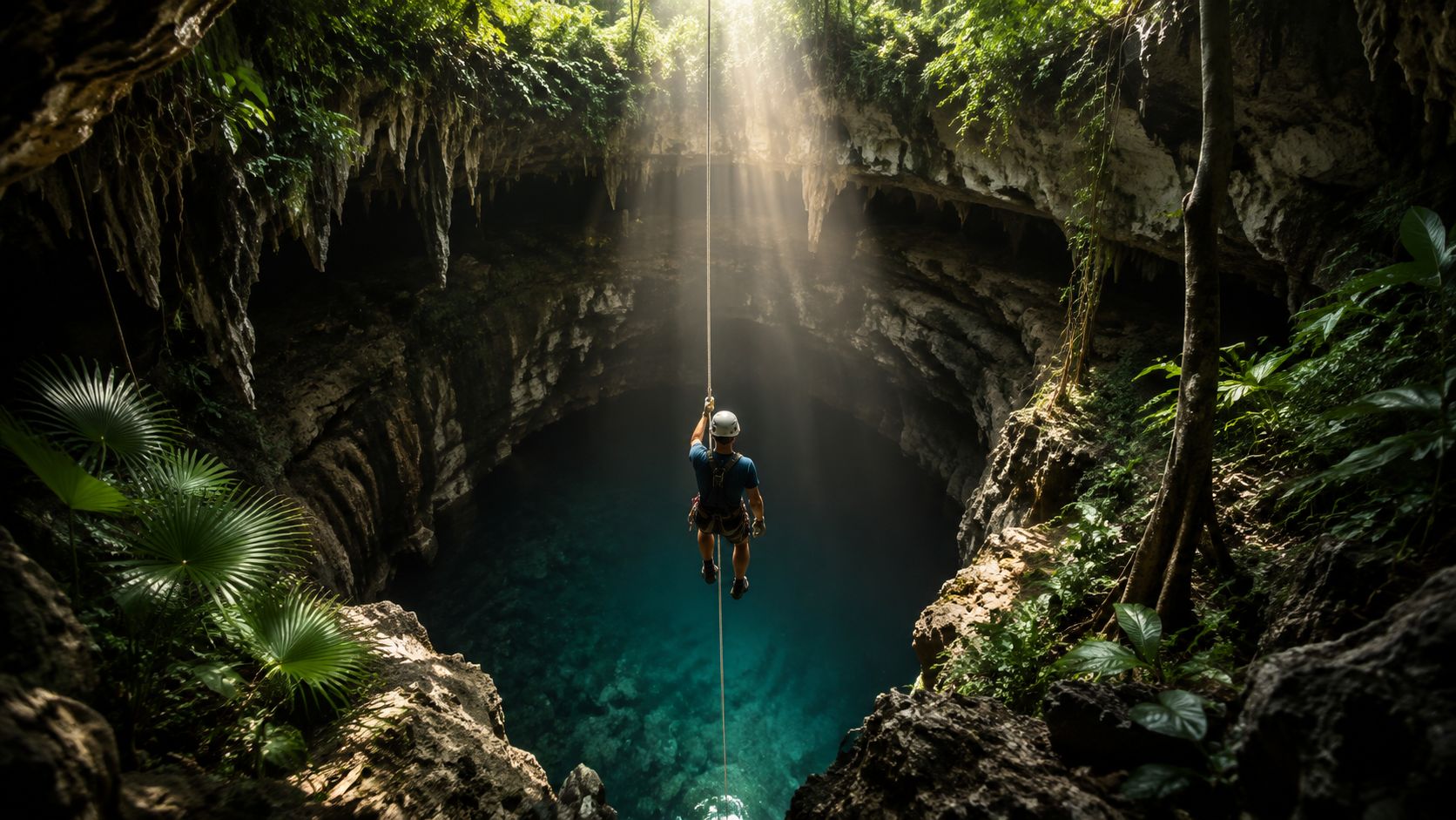 Un aventurero desciende con cuerda hacia el interior de un impresionante cenote en la Riviera Maya.