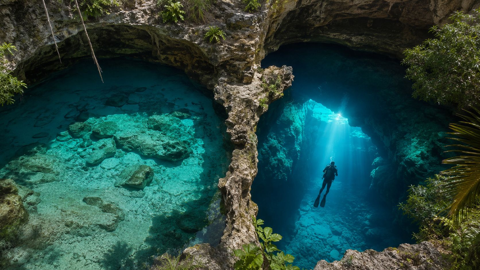Un buceador explora las profundas aguas cristalinas de un cenote espectacular bajo la luz del sol.