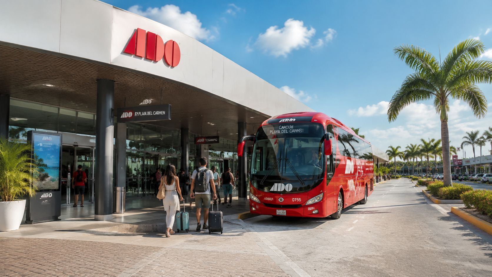 Pasajeros caminando con maletas hacia un autobús ADO en la terminal de Playa del Carmen bajo el sol.