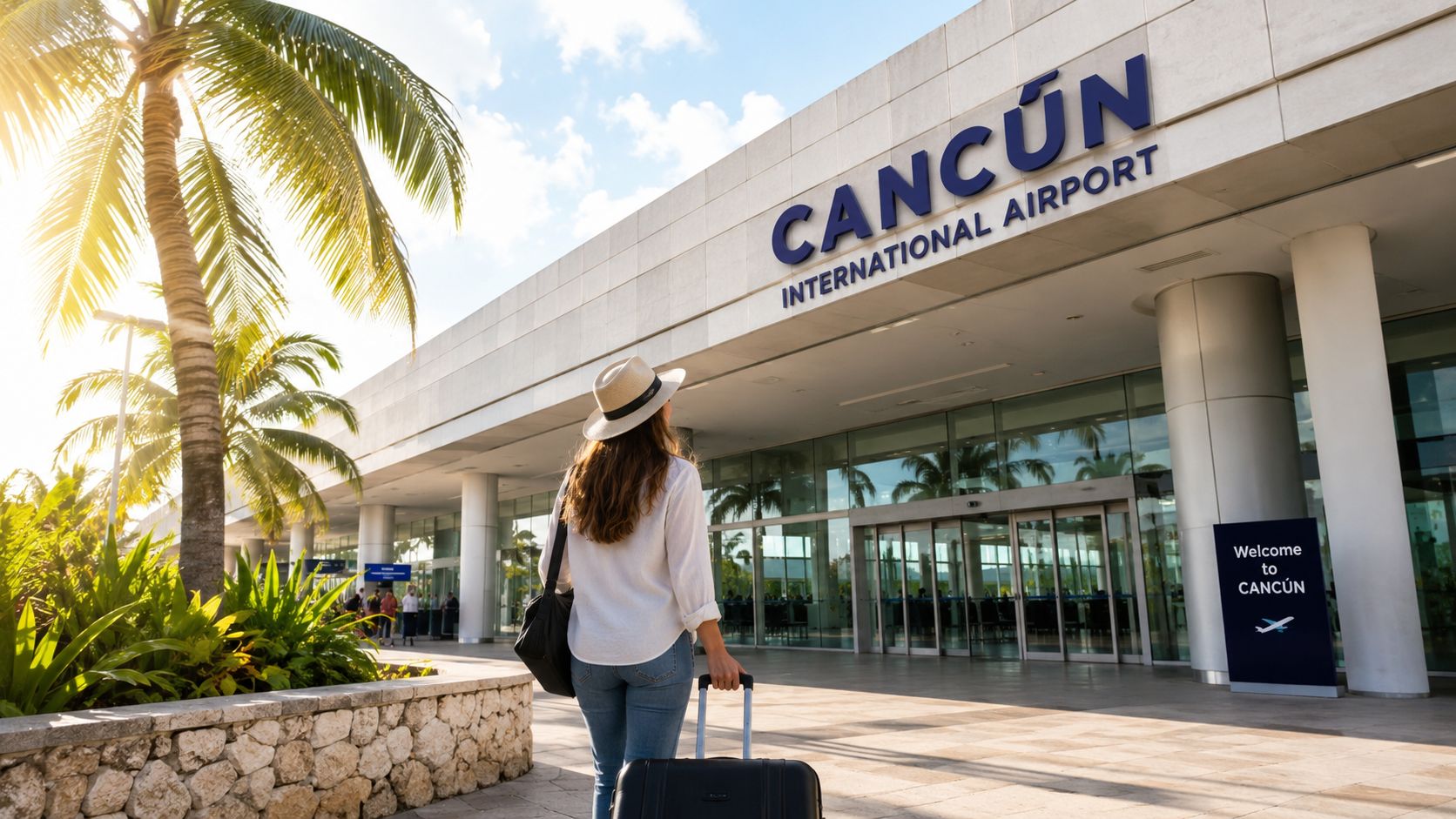 Una turista con maleta frente al Aeropuerto Internacional de Cancún bajo un cielo soleado y despejado.