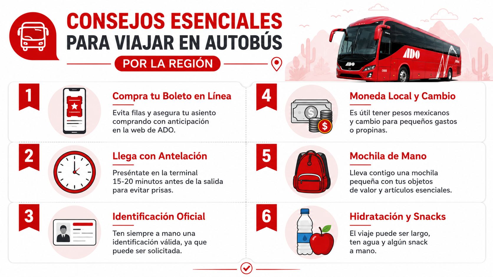 Una infografía con seis consejos esenciales para viajar en autobús por la región de forma cómoda y segura.
