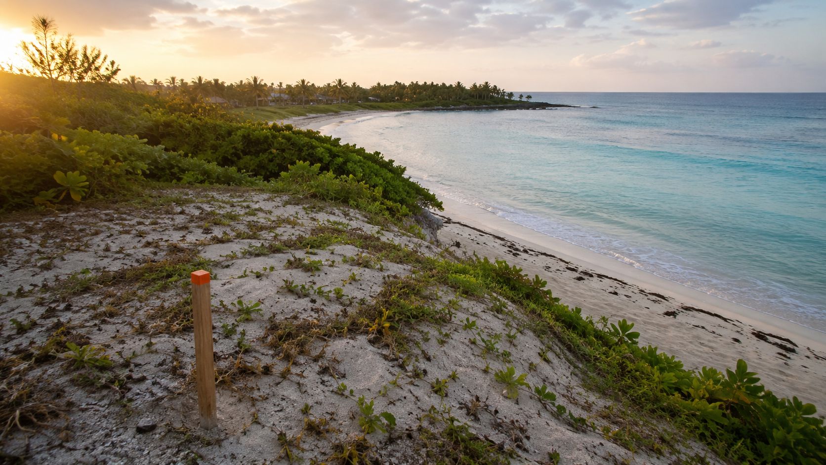 Vista panorámica de una playa virgen al amanecer con un poste de señalización en primer plano.