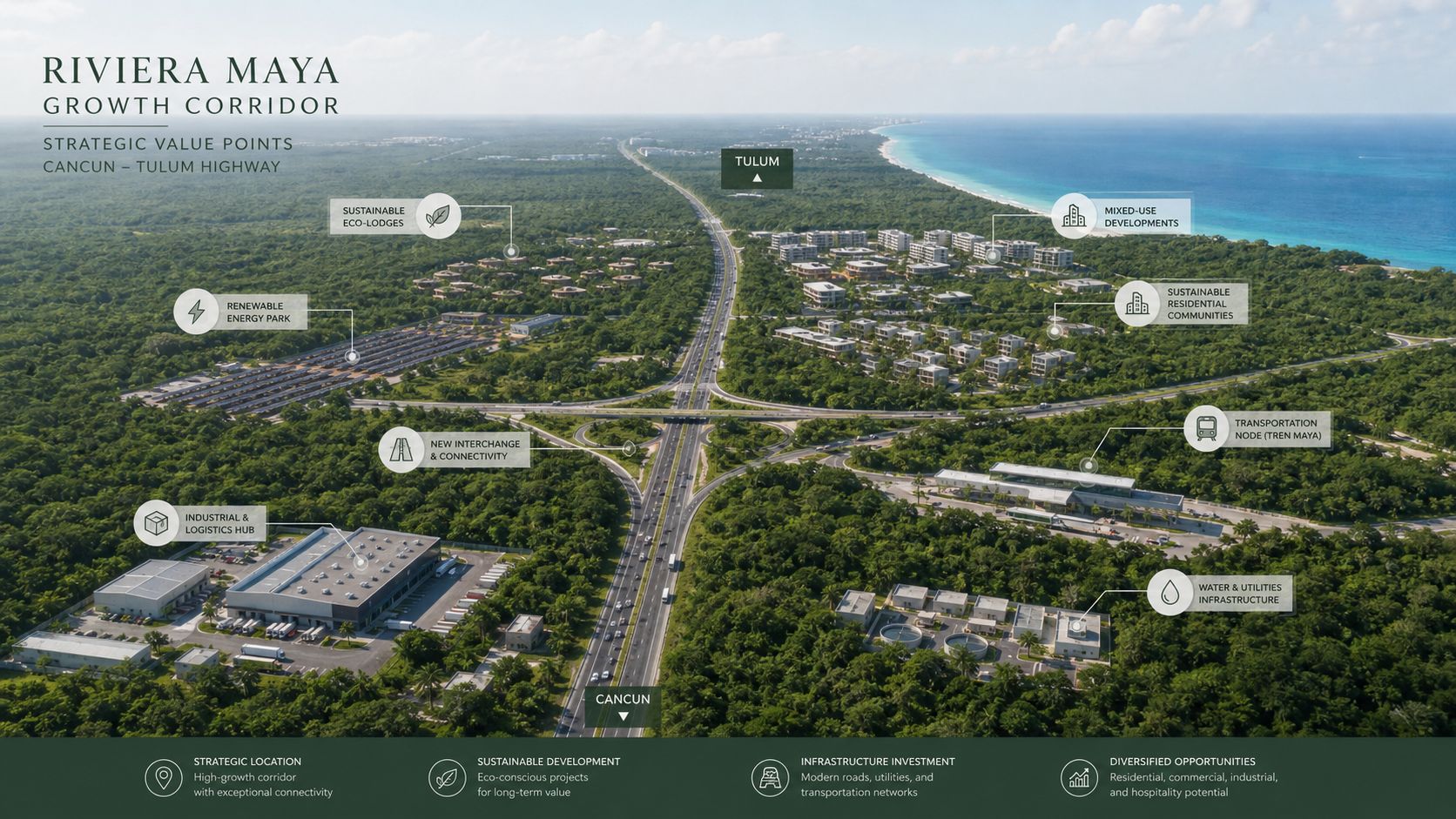 Vista aérea del corredor de crecimiento Riviera Maya mostrando infraestructura, desarrollos sostenibles, carreteras y conectividad entre destinos.