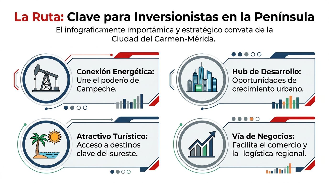 Infografía sobre la importancia estratégica de la ruta comercial entre Ciudad del Carmen y Mérida para inversionistas.