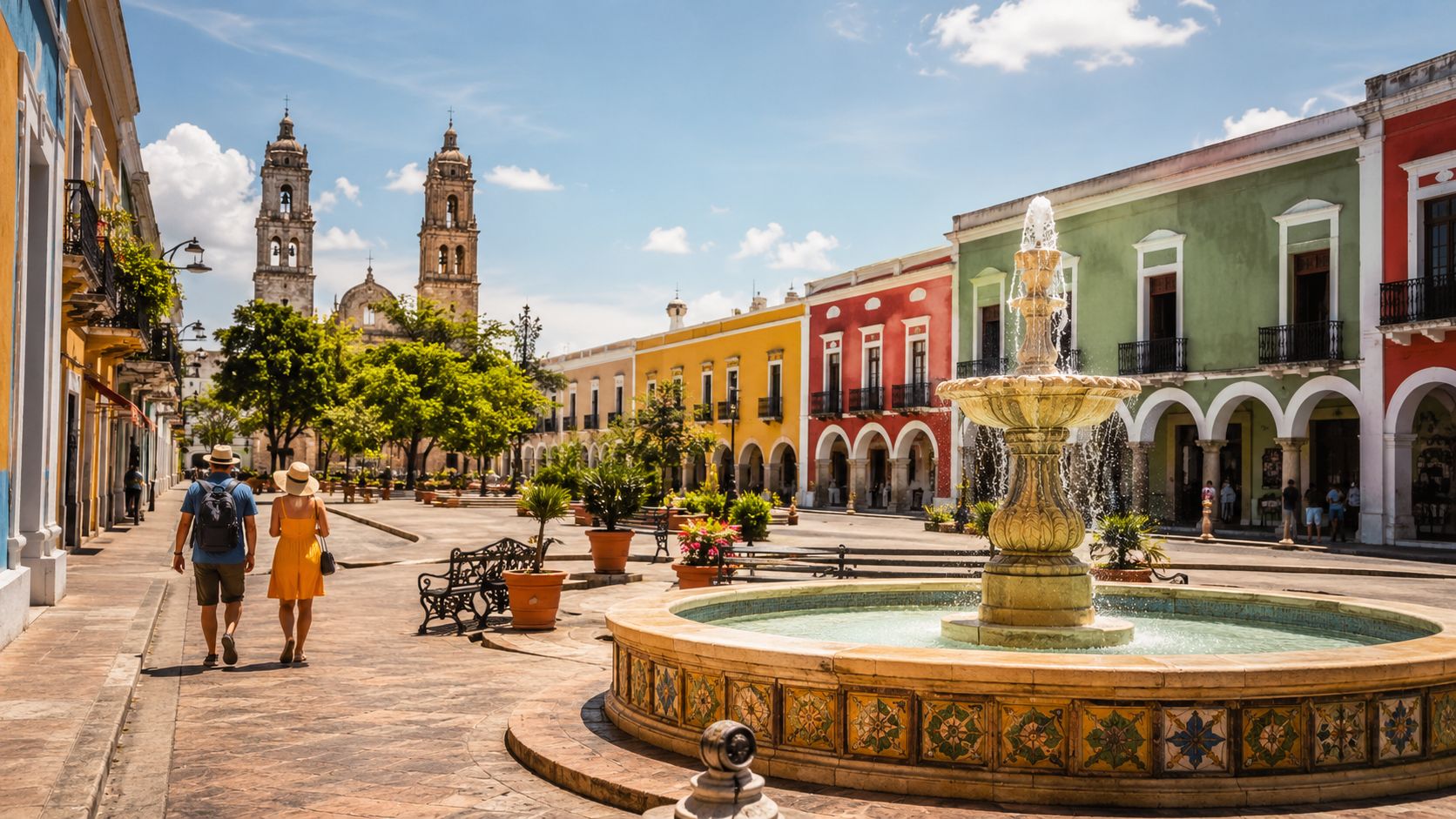 Una pareja paseando por la histórica plaza central de Mérida, México, con fuentes coloniales y edificios coloridos.