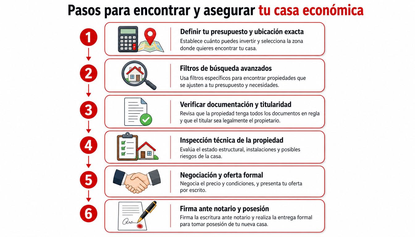 Infografía paso a paso sobre cómo encontrar y asegurar de forma segura una casa económica.