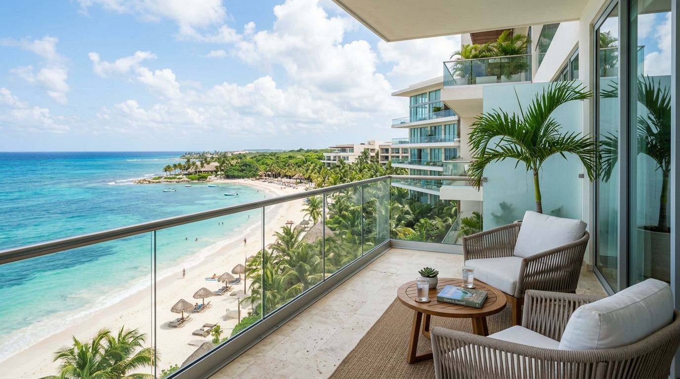 Balcón de lujo con vistas al mar Caribe, sillas cómodas y una mesa pequeña en un complejo hotelero.