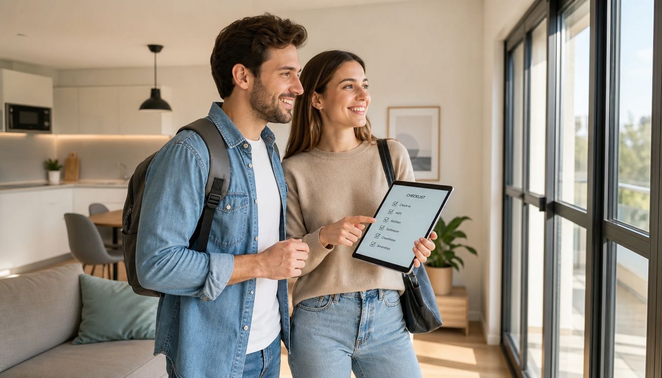 Una pareja joven revisa una lista de verificación digital en una tableta dentro de un departamento moderno.