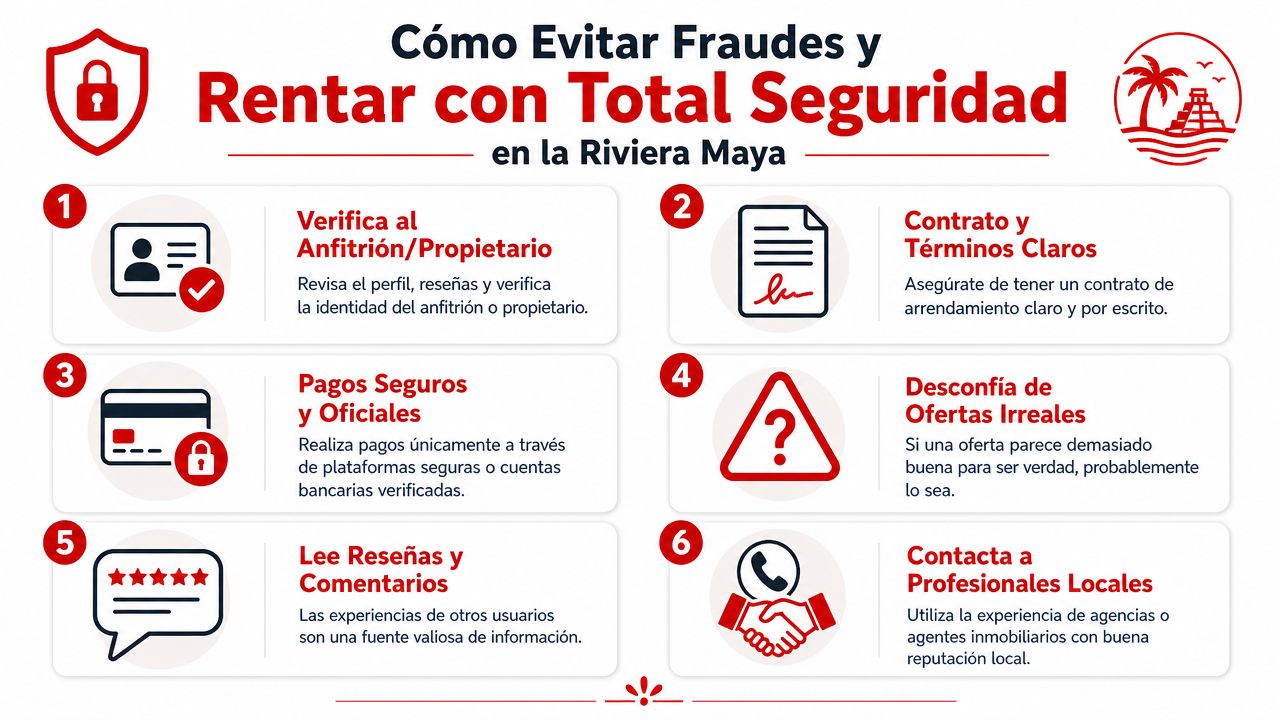 Infografía con consejos prácticos para evitar fraudes al rentar propiedades de manera segura en la Riviera Maya.