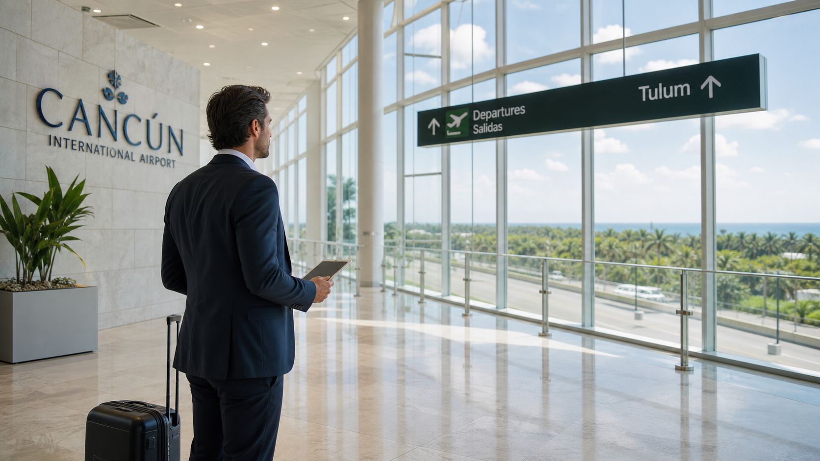 Un hombre de negocios con traje y maleta en el Aeropuerto Internacional de Cancún mirando hacia Tulum.