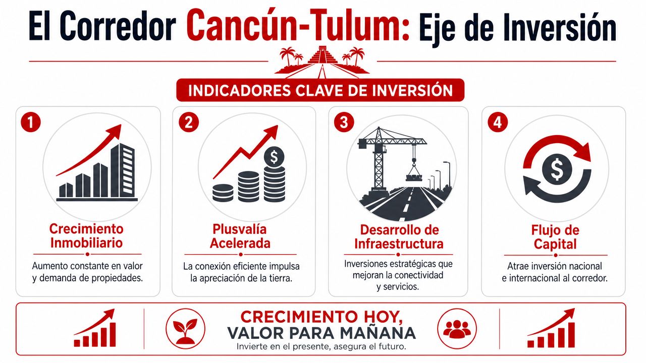 Infografía sobre el crecimiento inmobiliario y oportunidades de inversión en el corredor turístico de Cancún a Tulum.