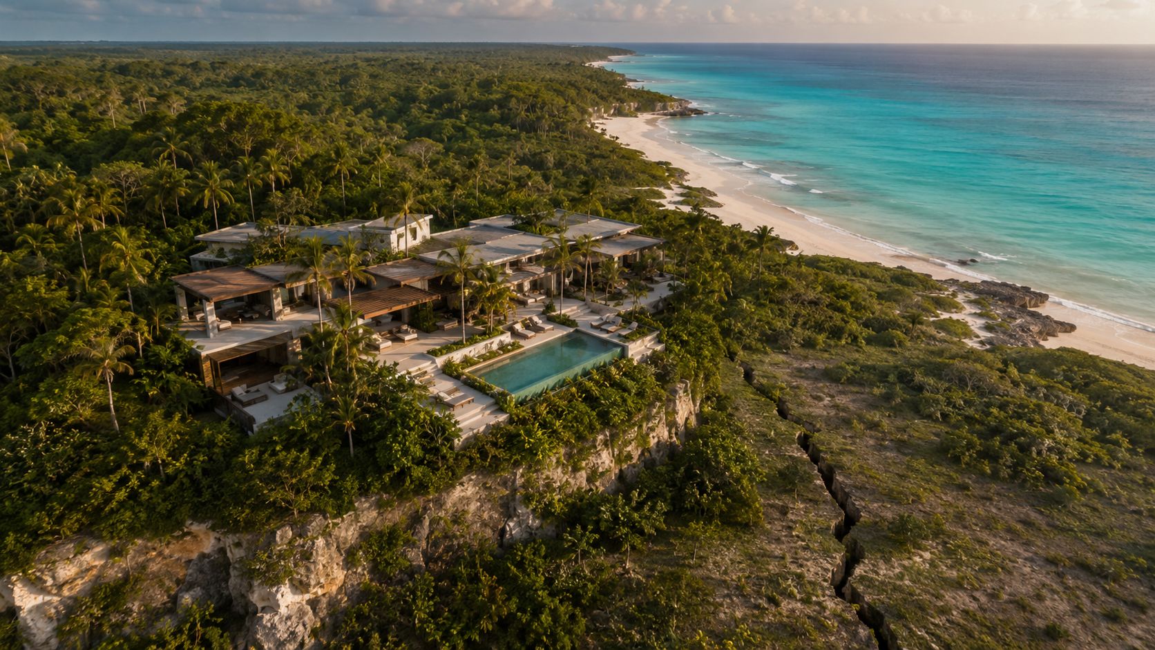 Lujosa villa de diseño moderno situada sobre un acantilado frente al mar con playa privada y vegetación.