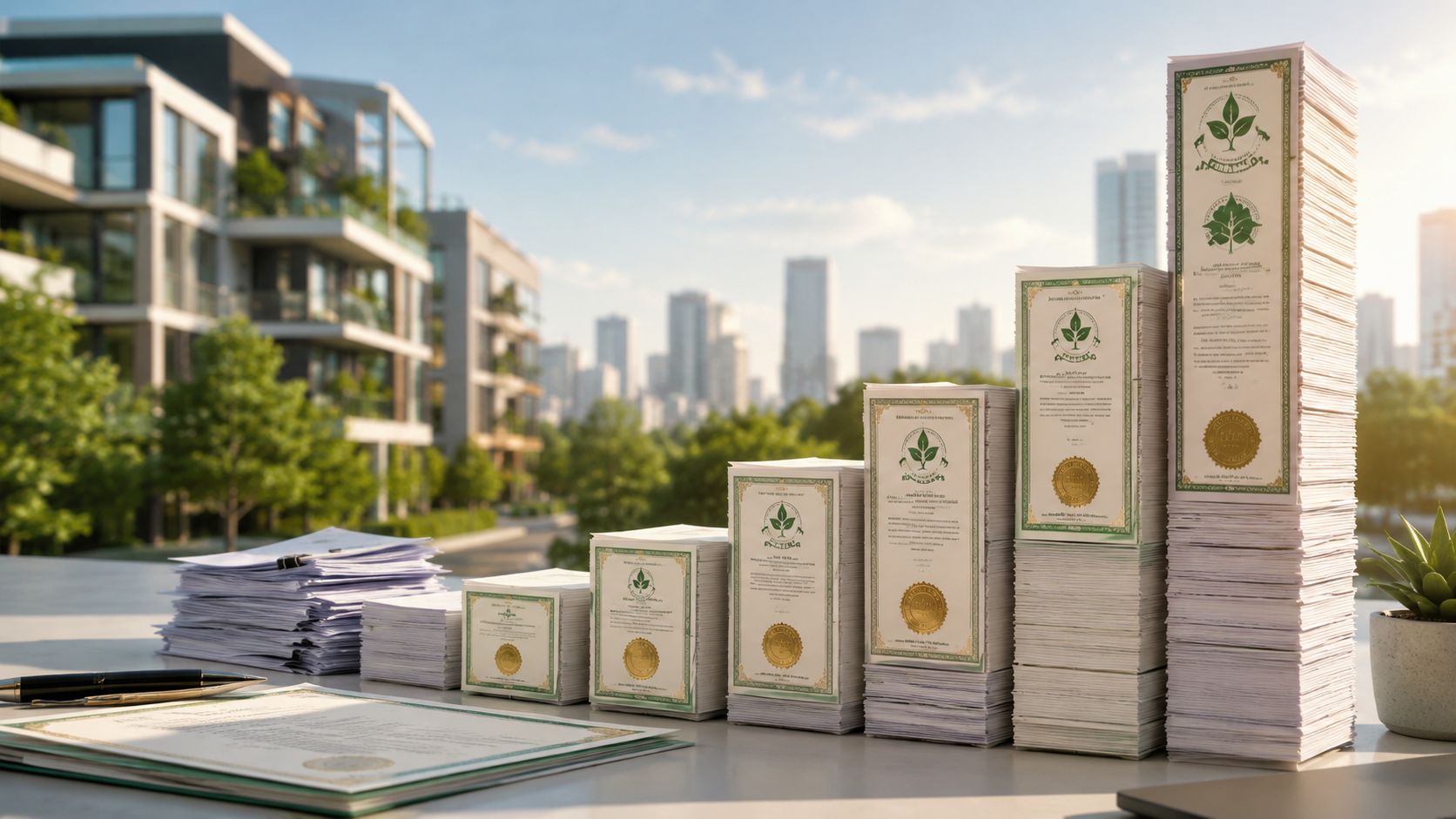 Pilas de certificados ambientales alineadas sobre una mesa frente a una vista urbana con edificios modernos.