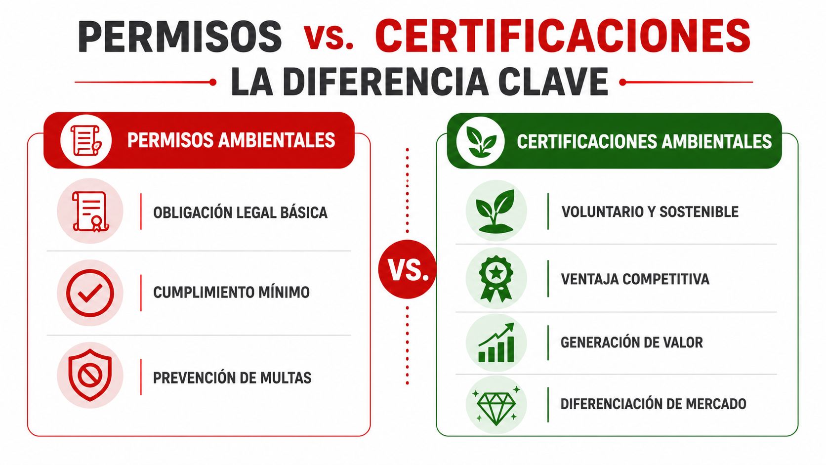 Infografía comparativa que muestra las diferencias clave entre los permisos ambientales obligatorios y las certificaciones ambientales voluntarias.