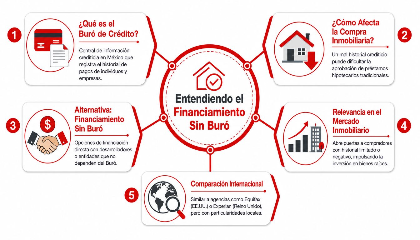 Infografía sobre cómo entender el financiamiento sin buró para la compra de propiedades inmobiliarias en México.