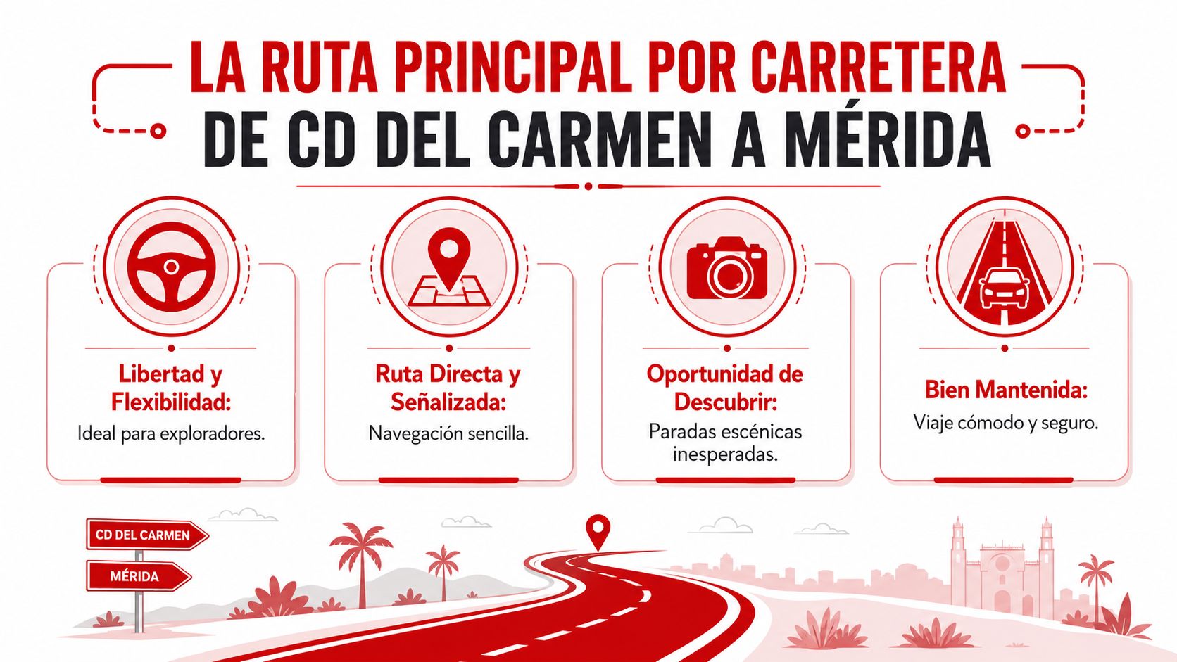 Infografía sobre la ruta principal por carretera de Ciudad del Carmen a Mérida, destacando ventajas de viajar manejando.