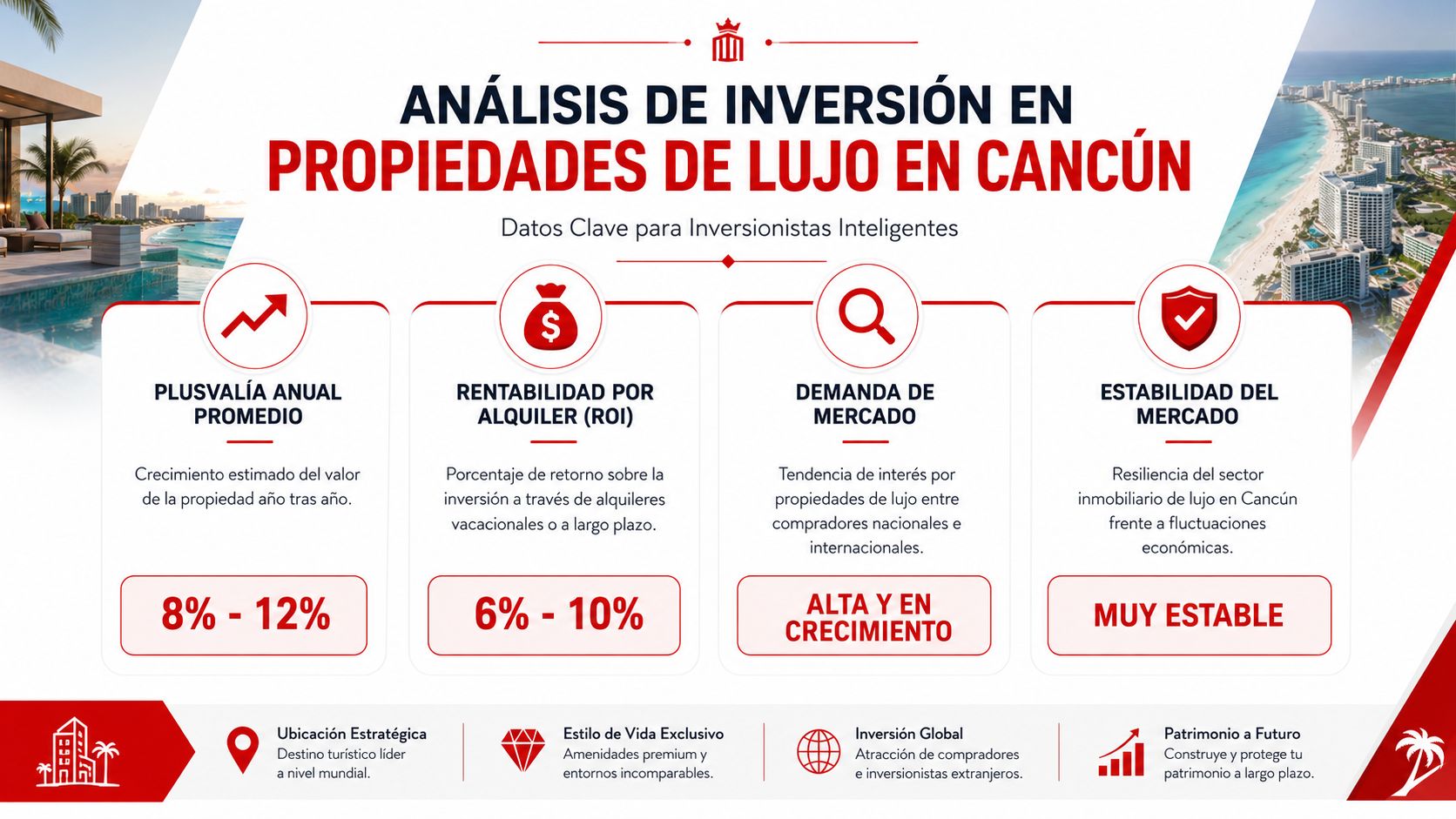 Infografía sobre el análisis de inversión en propiedades de lujo en el mercado inmobiliario de Cancún.