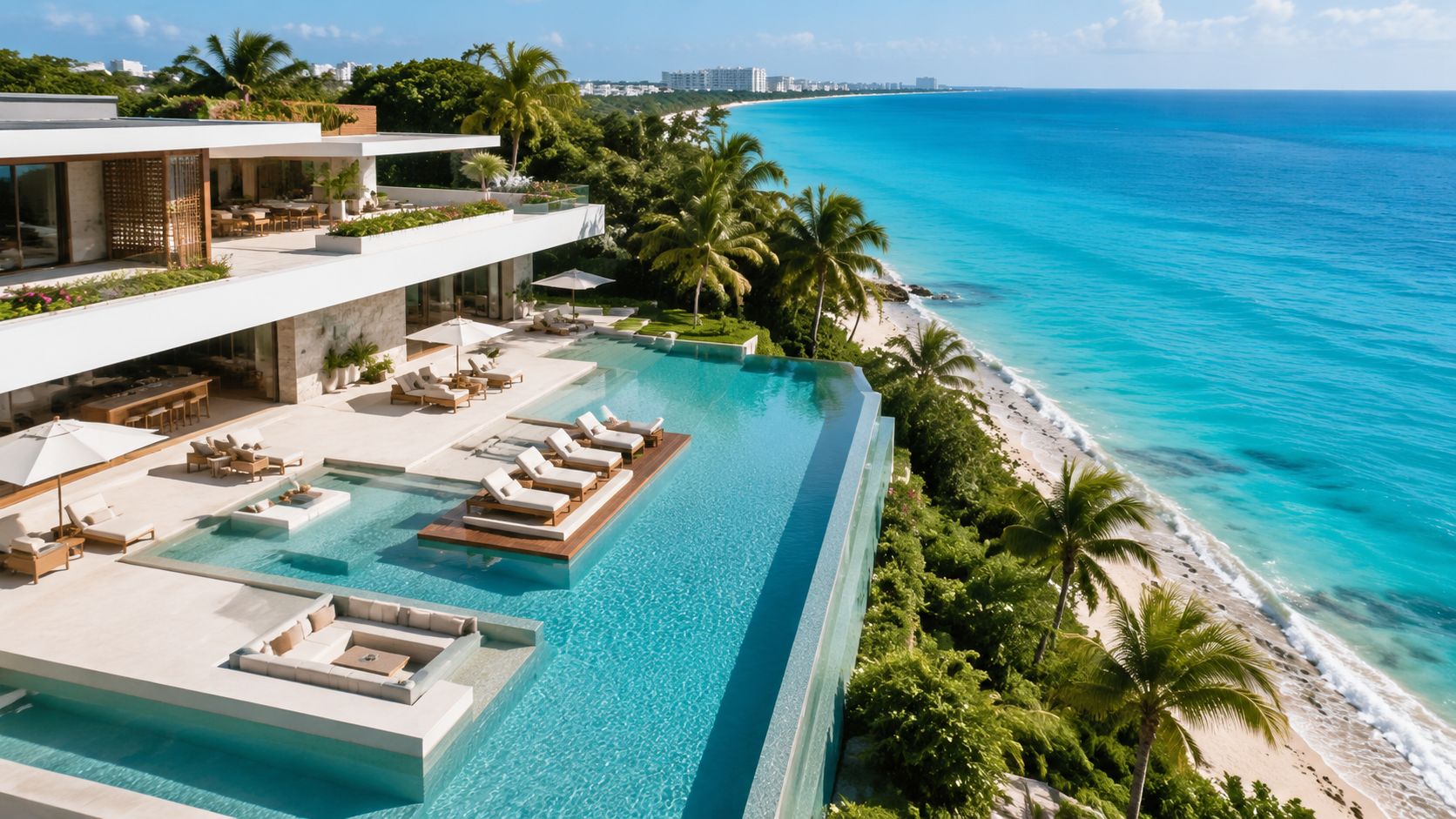 Impresionante villa de lujo frente al mar en Cancún con piscina infinita y vista al Caribe.