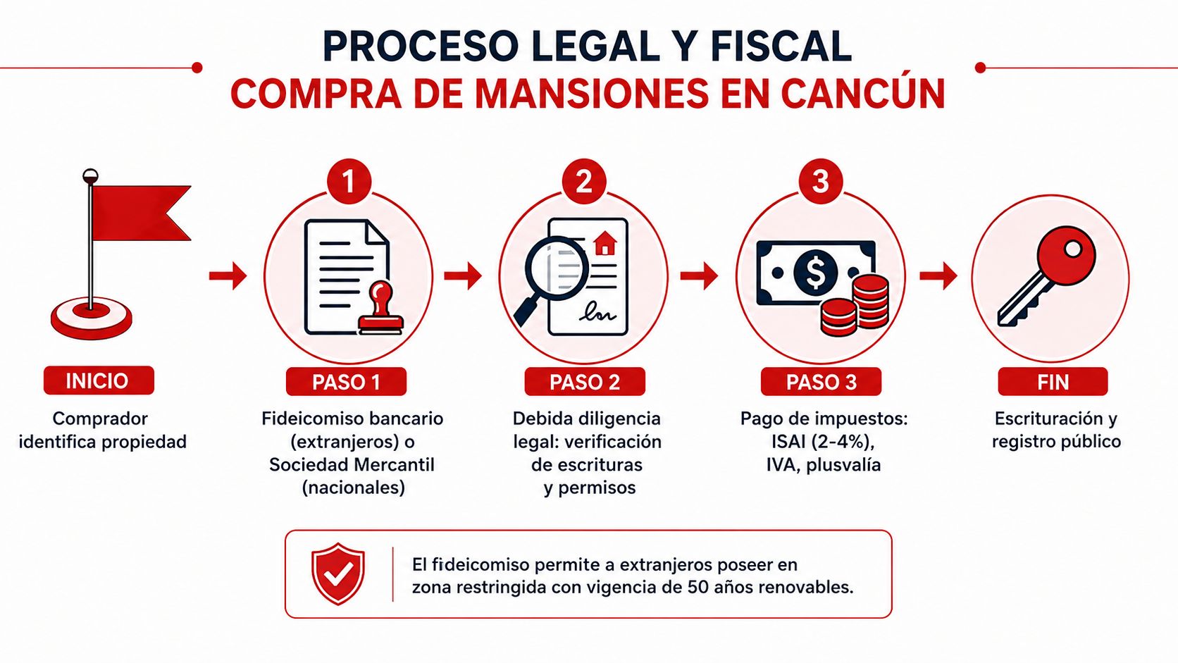 Infografía sobre el proceso legal y fiscal para la compra de mansiones en Cancún, México.