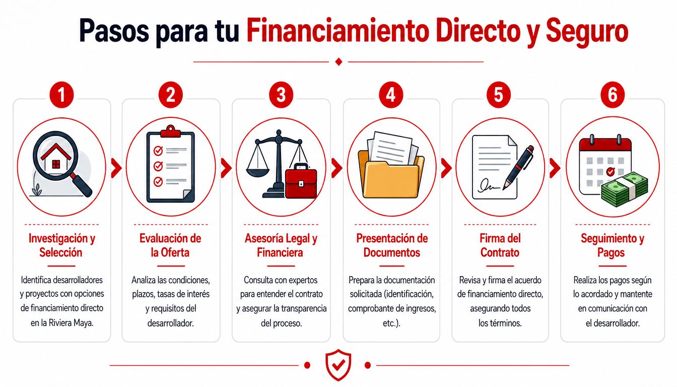 Infografía paso a paso sobre el proceso de financiamiento directo y seguro para adquirir bienes raíces.