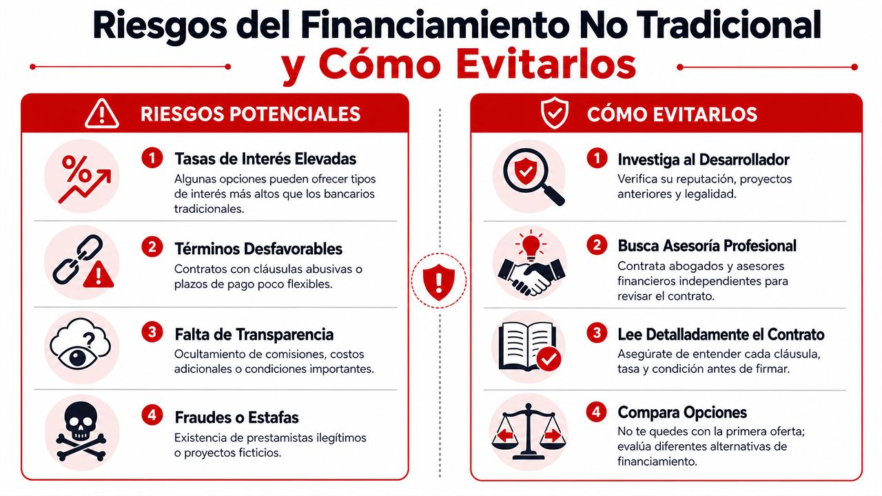 Infografía sobre los riesgos del financiamiento no tradicional y consejos prácticos para evitar estafas financieras.