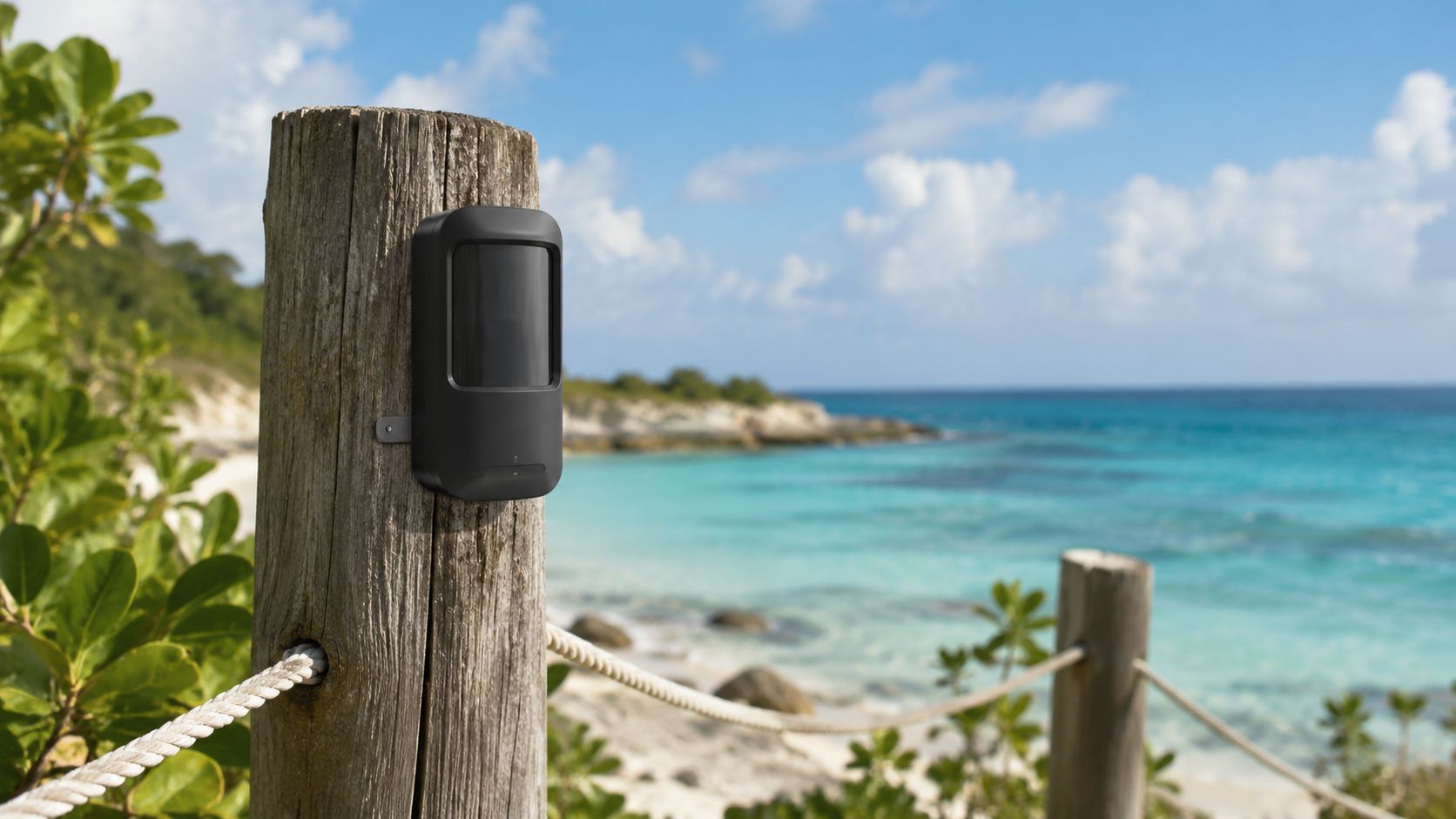 Un sensor de seguridad perimetral instalado en un poste de madera frente a una playa tropical.