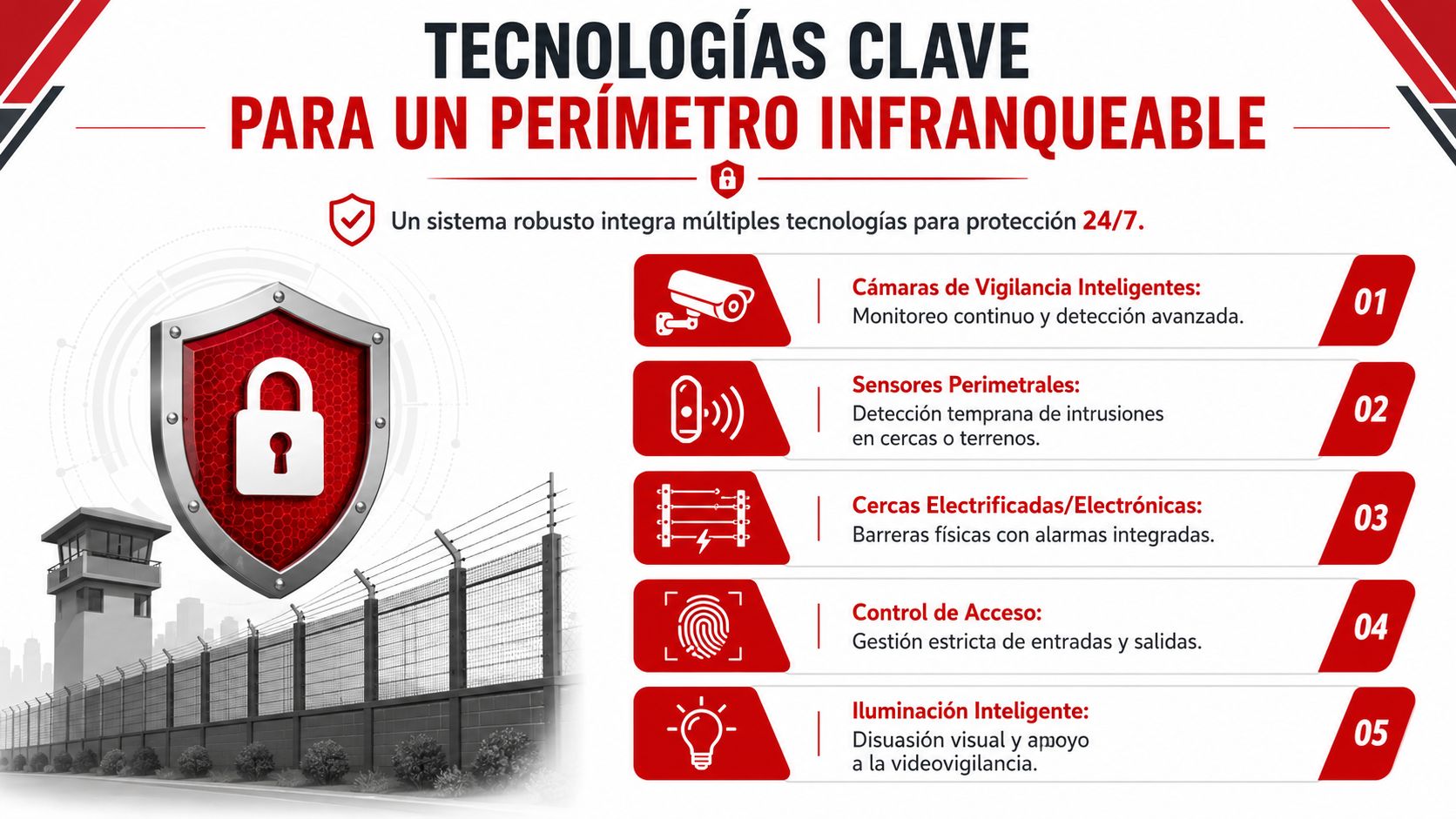 Infografía sobre tecnologías clave para garantizar un sistema de seguridad perimetral robusto y protección constante las 24 horas.