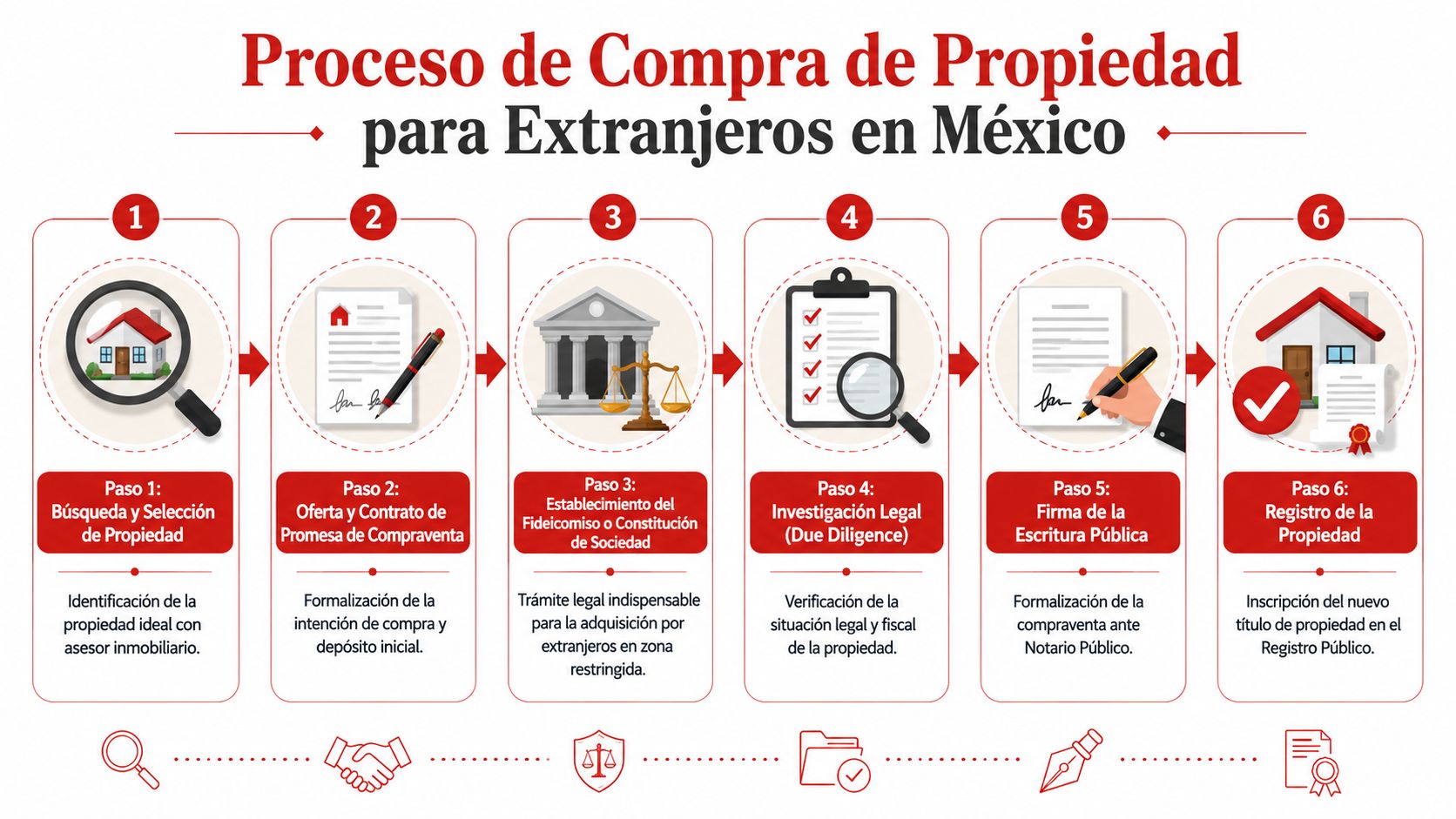 Infografía paso a paso del proceso legal para la compra de propiedades en México por ciudadanos extranjeros.