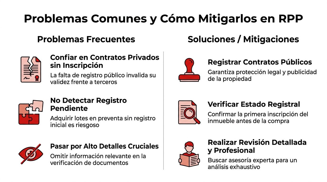 Infografía sobre problemas comunes y soluciones en la gestión del registro público de la propiedad inmobiliaria.