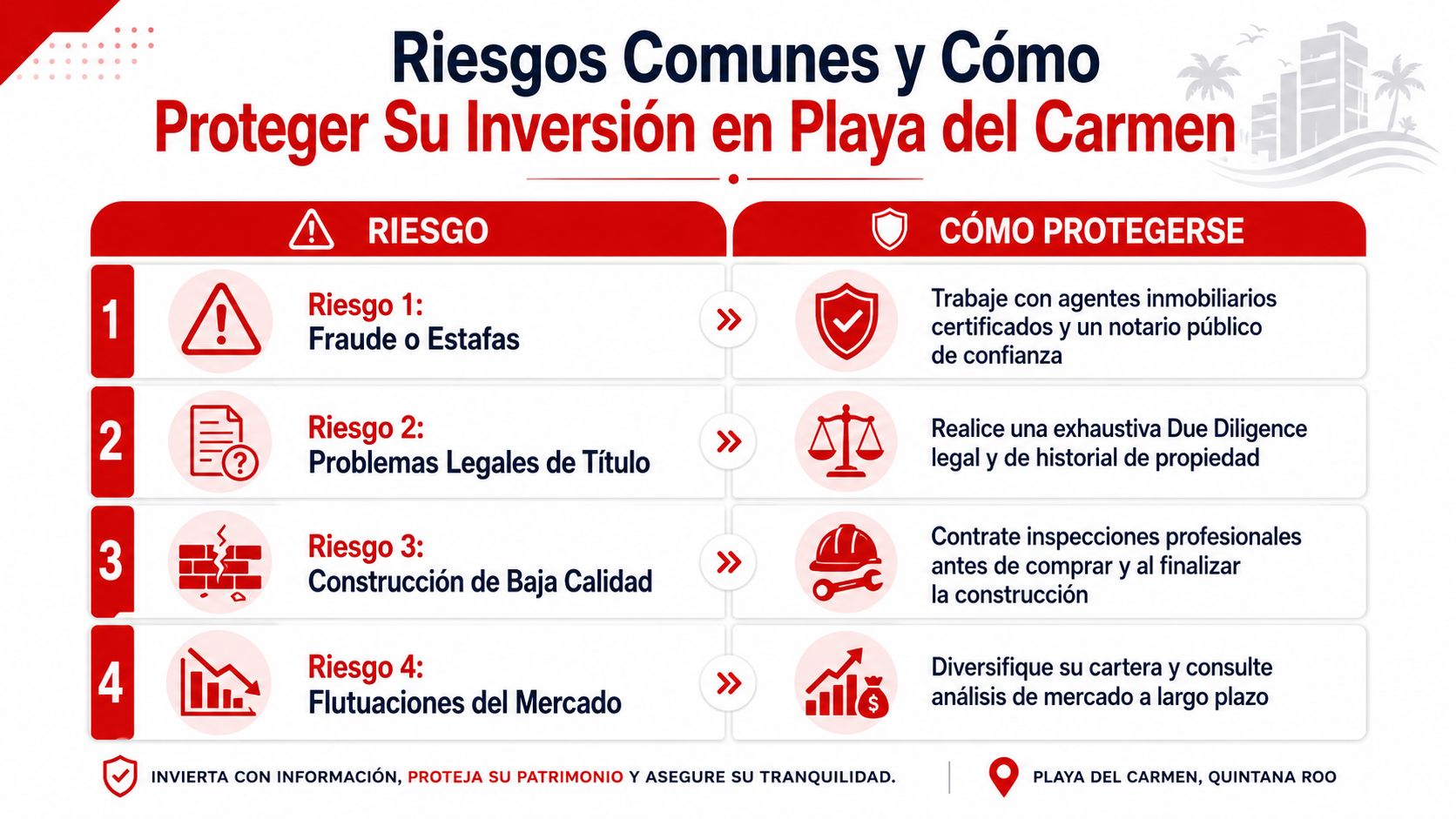 Infografía sobre los riesgos comunes al comprar propiedades en Playa del Carmen y cómo proteger su inversión.