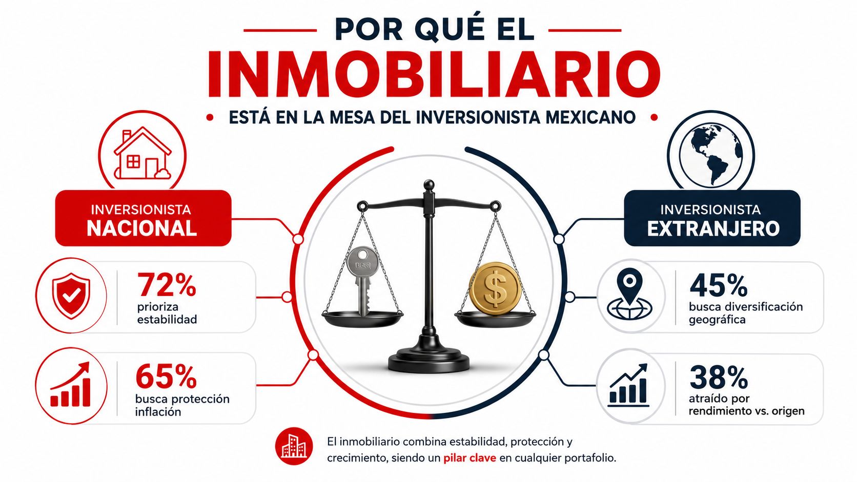 Infografía sobre razones por las que inversores nacionales y extranjeros eligen el sector inmobiliario en México.