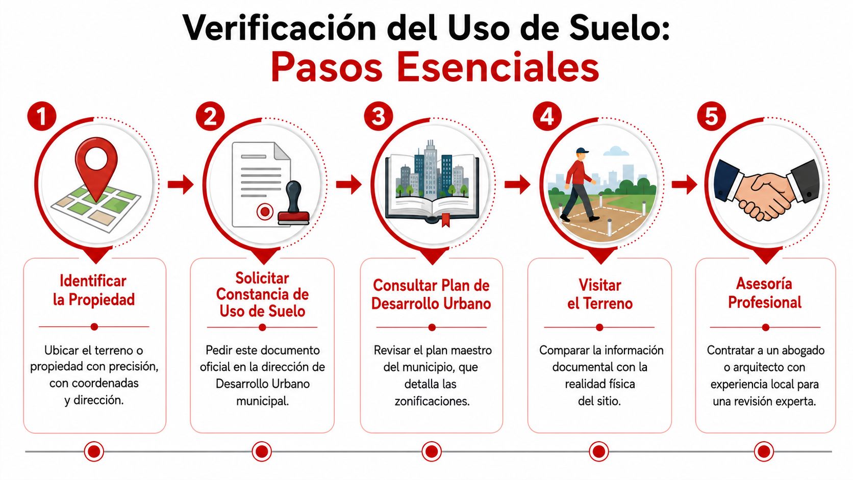 Infografía que detalla los cinco pasos esenciales para verificar el uso de suelo de una propiedad.