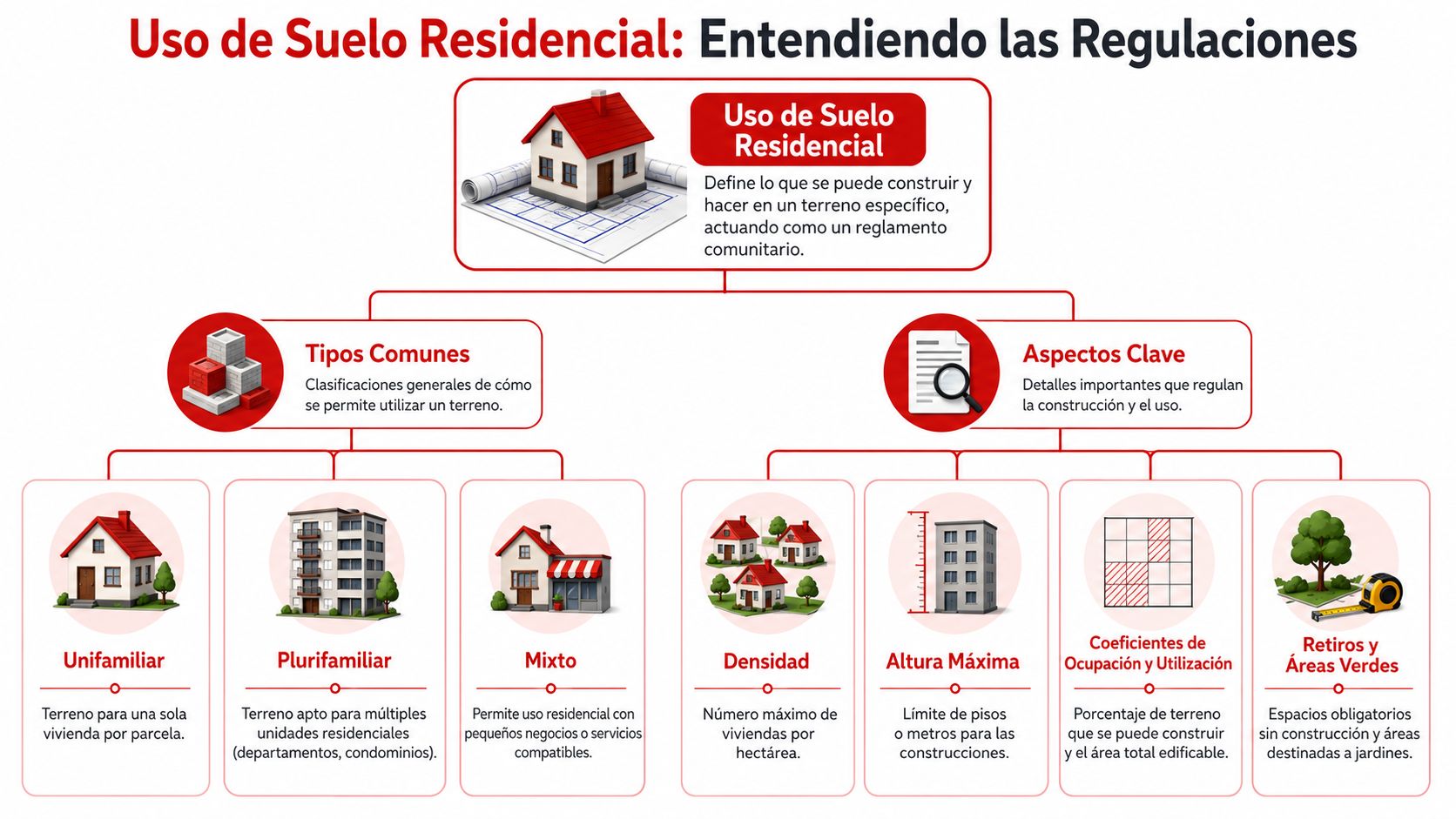 Infografía sobre el uso de suelo residencial, explicando clasificaciones, tipos comunes y aspectos clave en urbanismo.