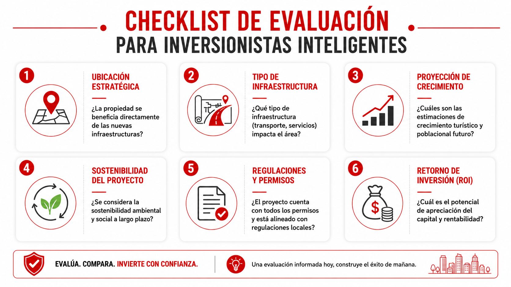 Lista de verificación esencial para inversionistas inteligentes interesados en el desarrollo de proyectos y bienes raíces.