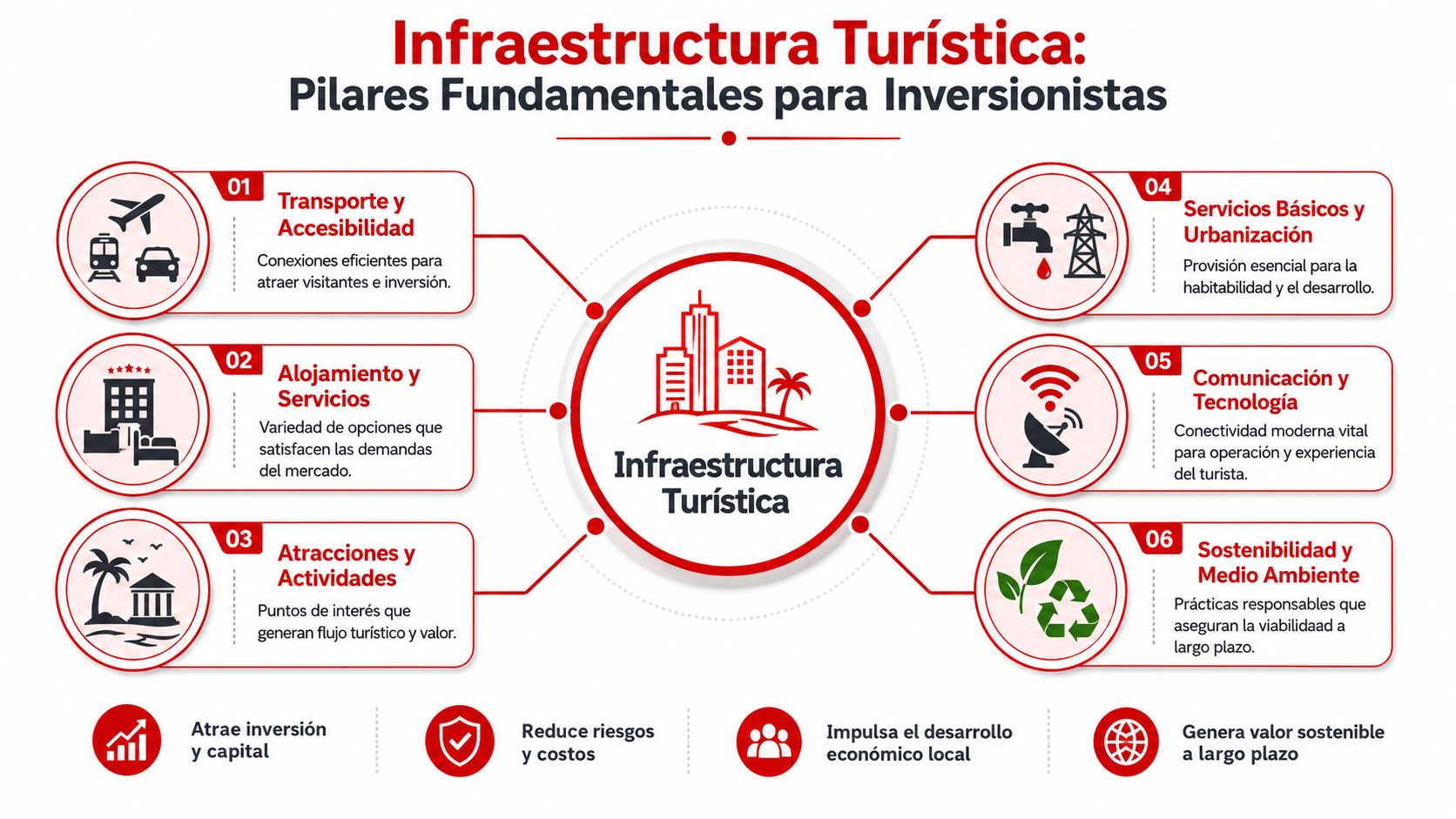 Infografía sobre los seis pilares fundamentales de la infraestructura turística necesarios para atraer inversiones y desarrollo.