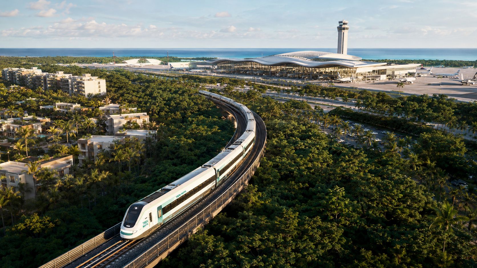 Vista aérea del Tren Maya circulando cerca de un moderno aeropuerto junto a un complejo hotelero tropical.