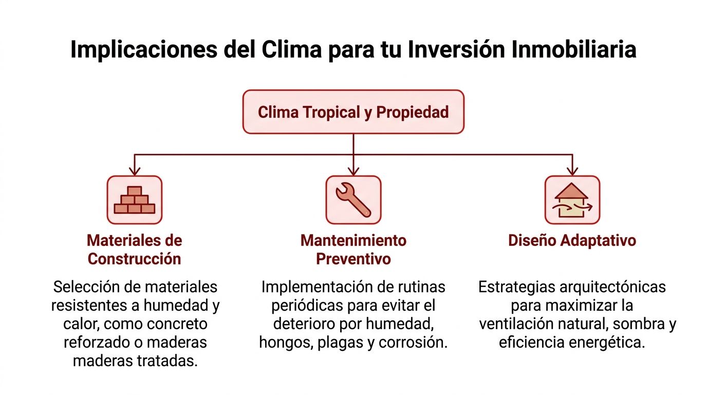 Diagrama sobre las implicaciones del clima tropical en inversiones inmobiliarias destacando materiales, mantenimiento y diseño adaptativo.