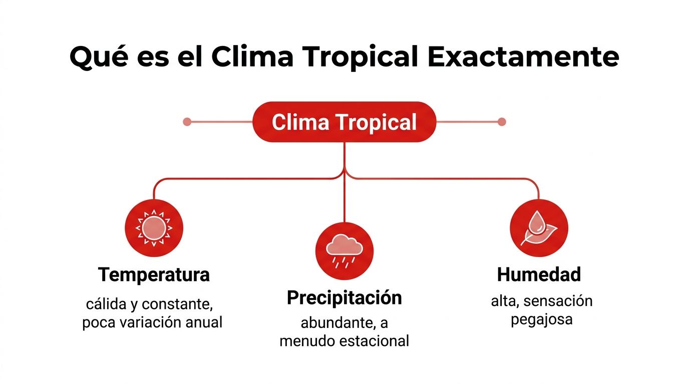 Diagrama explicativo sobre las principales características del clima tropical: temperatura constante, precipitaciones abundantes y alta humedad.