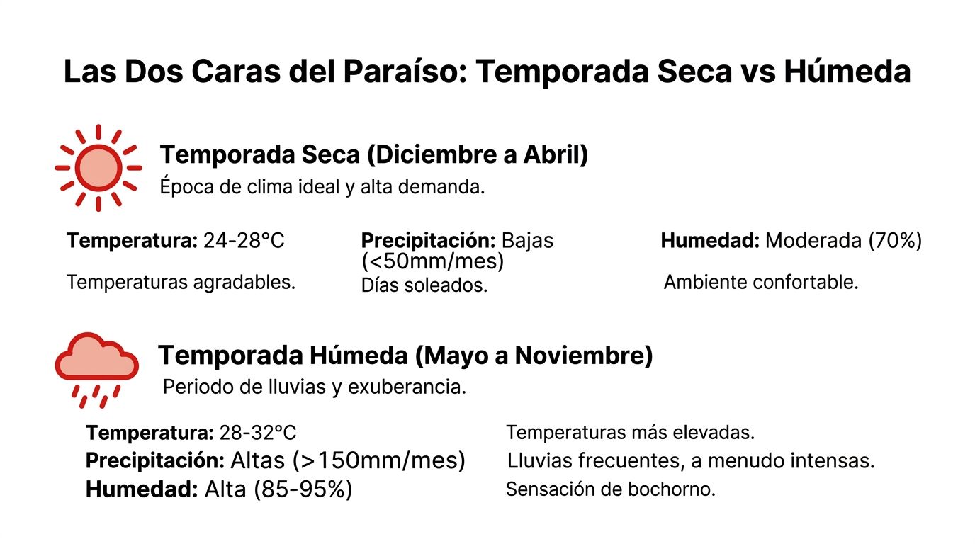 Comparativa de las características climáticas entre la temporada seca y la temporada húmeda en un destino tropical.