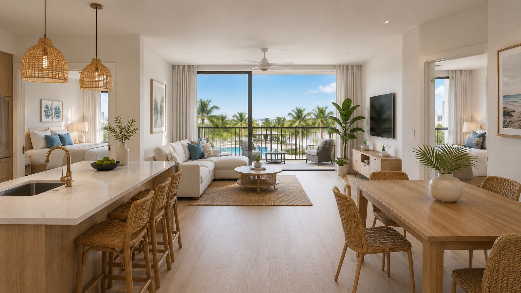 Un espacioso departamento moderno con muebles de ratán, sala de estar abierta y vista hacia la piscina.