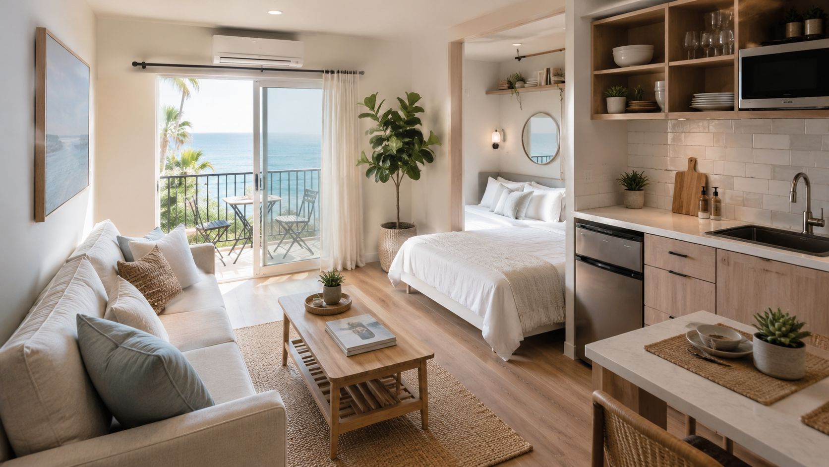 Pequeño departamento costero con sala de estar, dormitorio y vista al mar en un diseño abierto