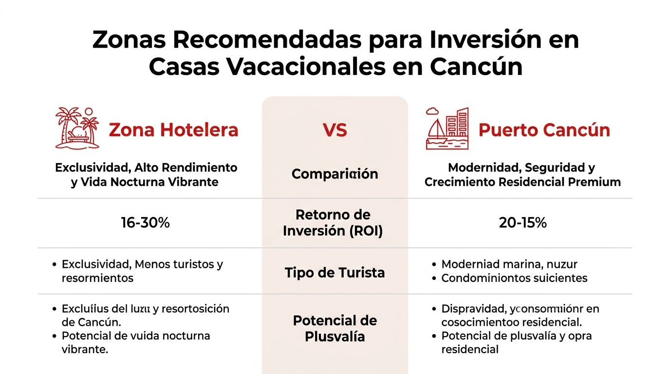 Comparativa gráfica de zonas para invertir en casas vacacionales en Cancún, comparando Zona Hotelera y Puerto Cancún.